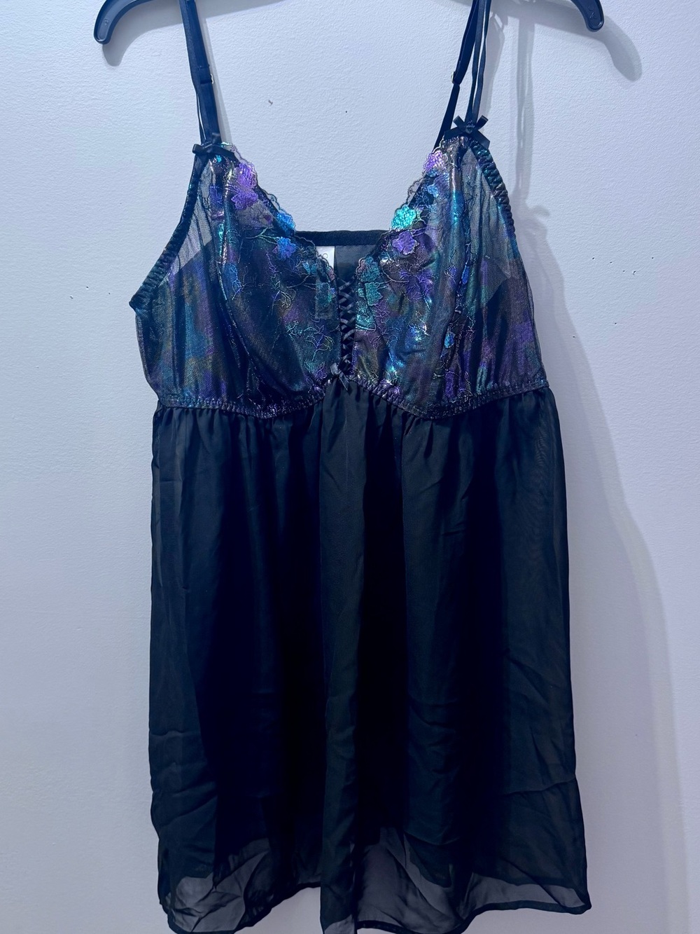 Cacique Sheer Black Babydoll Nightdress, Iridescent Floral Bodice, Size 18/20